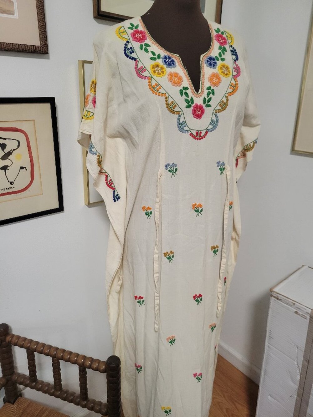 Vintage 70's Hand Embroidered Kaftan with Waist Ties 100% Cotton